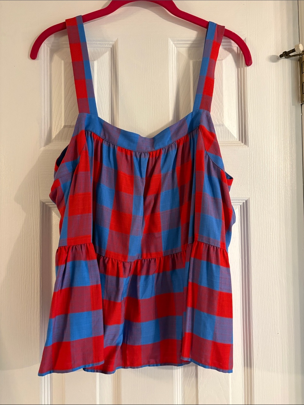 LOFT Red and Blue Plaid Sleeveless Peplum Top
